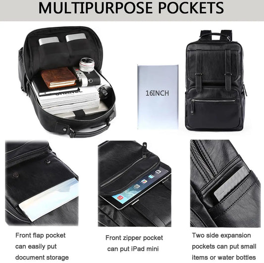 14/15.6 inch Black Leather Laptop Backpack