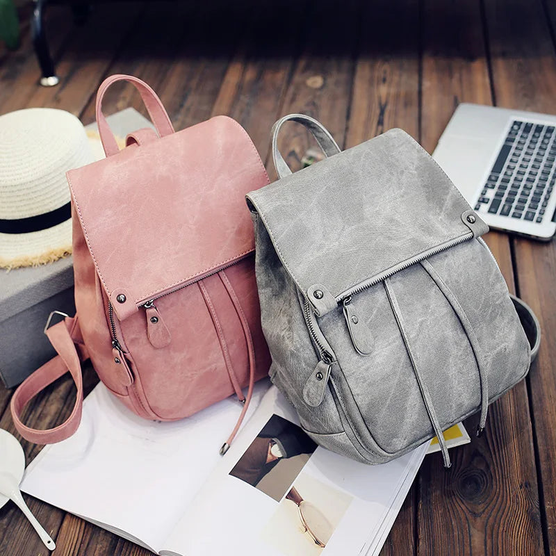Vintage Matte Leather Women Backpack
