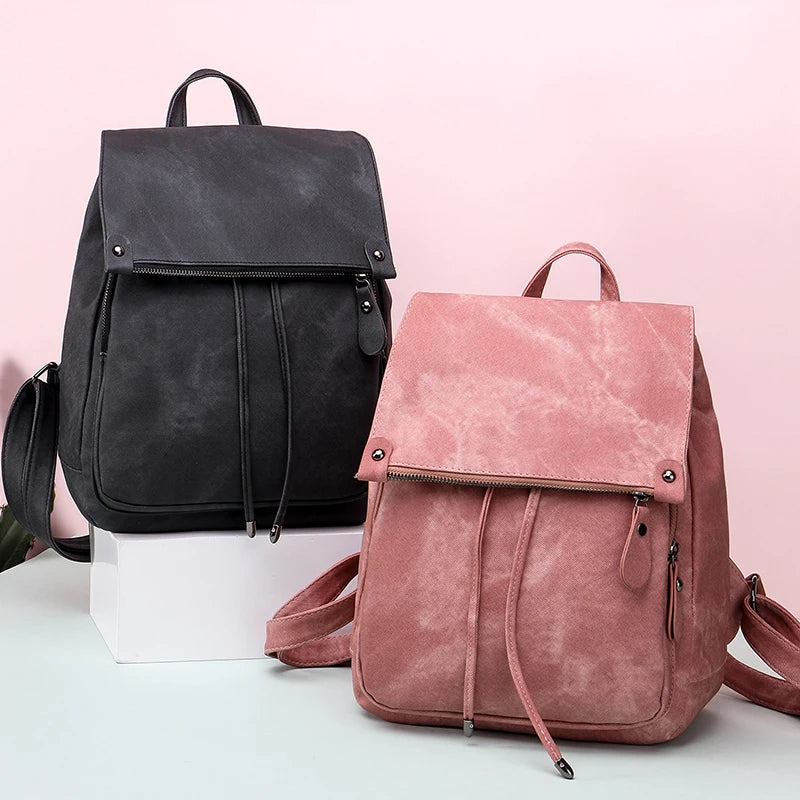 Vintage Matte Leather Women Backpack