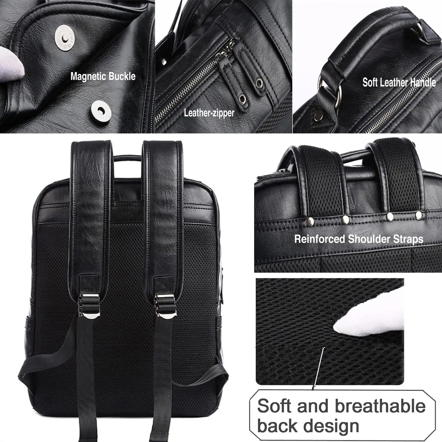 14/15.6 inch Black Leather Laptop Backpack